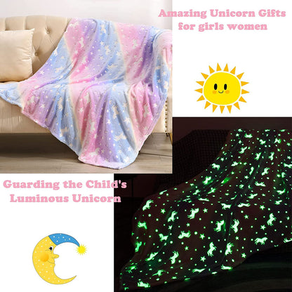 Gradient Color Unicorn Luminous Glow in The Dark Blanket for Kids Girls Boys